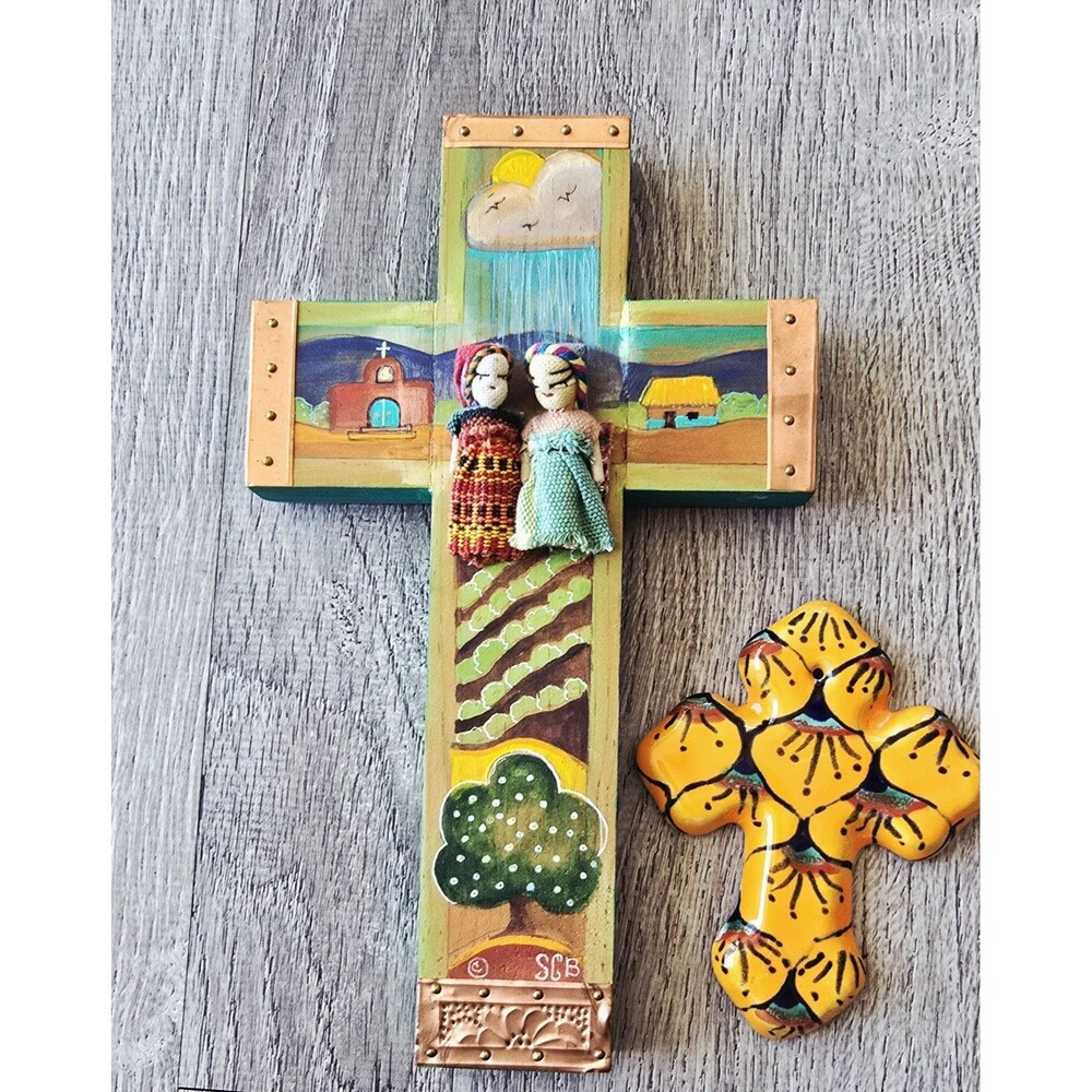 2 Vintage Hand Made and Hand Painted Colorful Wood  / Ceramic Cross